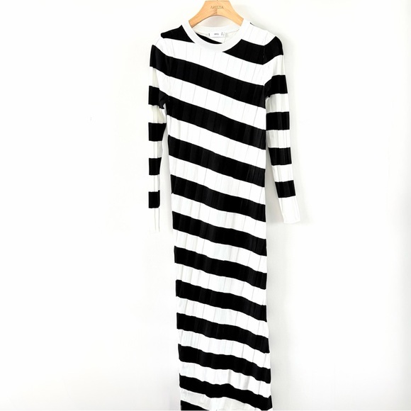 Mango Black White Striped Ribbed Maxi Dress Long Sleeve Bodycon - Picture 2 of 13